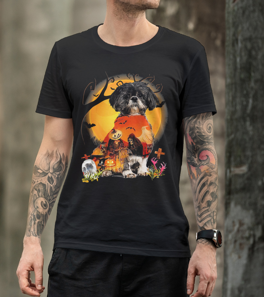 Shih Tzu Halloween Night With Pumpkins, Ghosts, And Full Moon T-Shirt