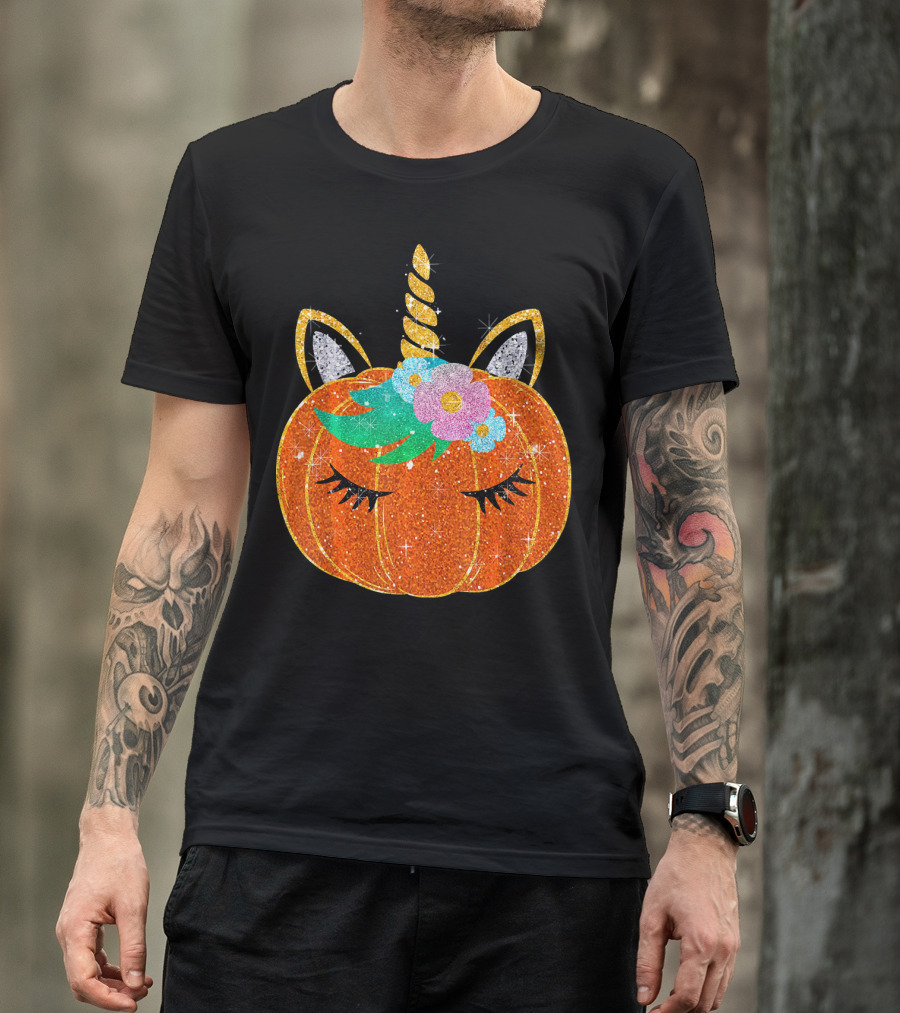 Sparkly Unicorn Pumpkin Halloween T-Shirt
