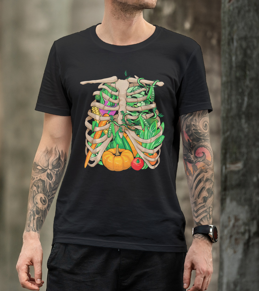 Cool Vegetable Skeleton Halloween Costume Vegetables Ribs Pumpkin Peas Corn Carrot T-Shirt