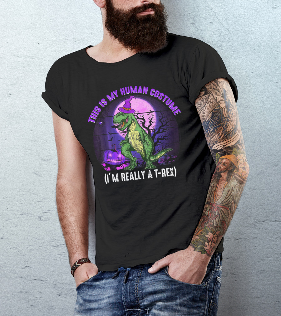 This Is My Human Costume I'm Really A T-Rex Funny Dinosaur Halloween Moon Wizard Hat T-Shirt