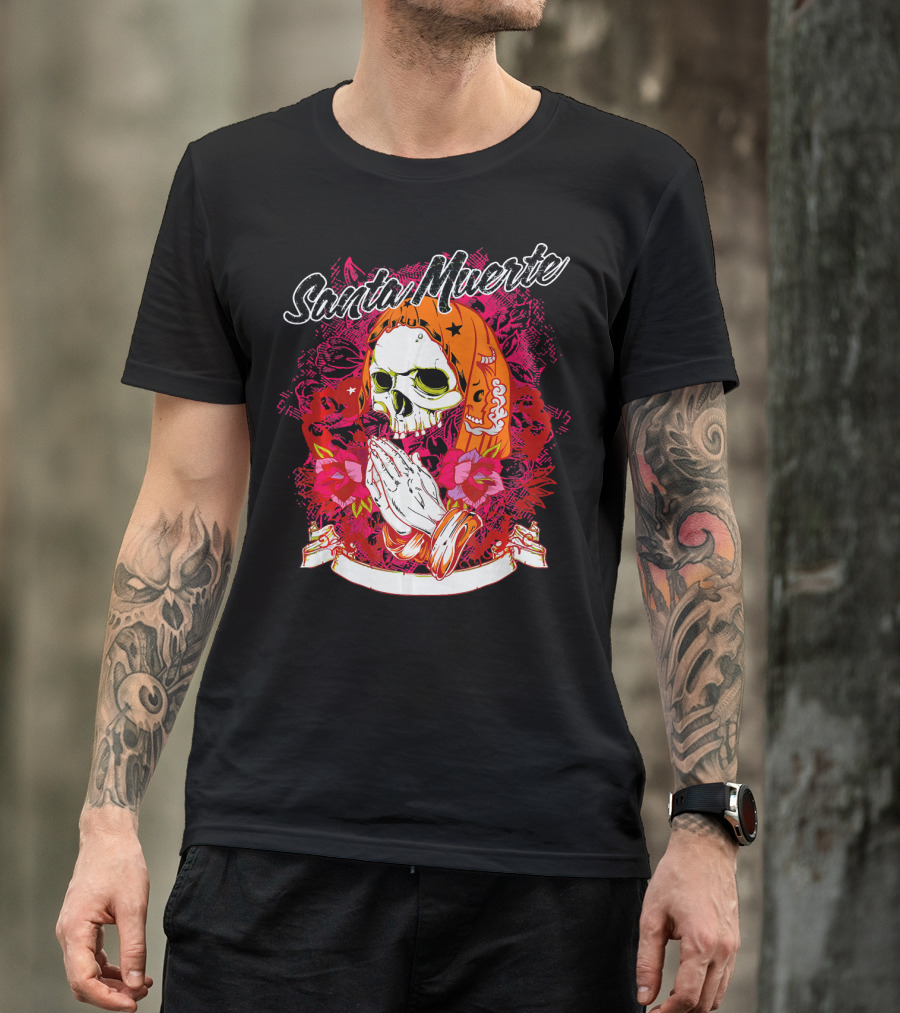 Santa Muerte Mexican Day Of The Dead Praying Skull With Flowers T-Shirt