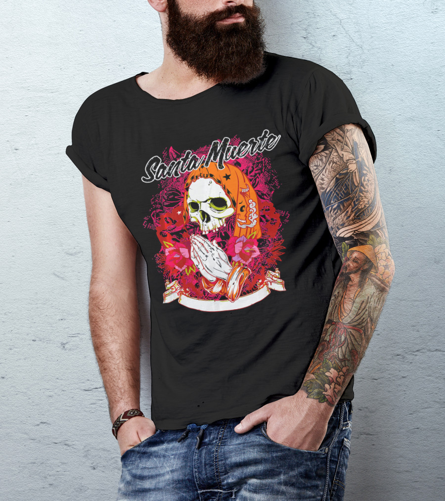 Santa Muerte Mexican Day Of The Dead Praying Skull With Flowers T-Shirt