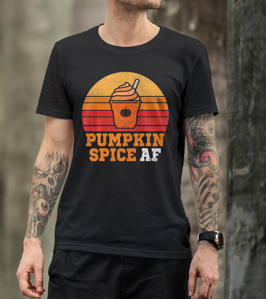 Pumpkin Spice AF Funny Men Husband Pumpkin Cup Retro Stripes T-Shirt