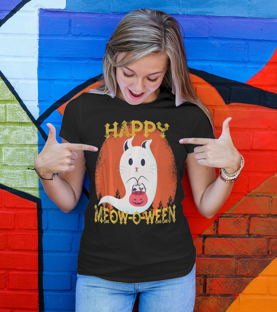 Happy Meow O Ween Cat Ghost With Pumpkin Bag T-Shirt