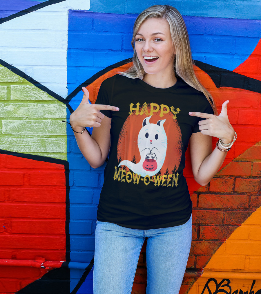 Happy Meow O Ween Cat Ghost With Pumpkin Bag T-Shirt
