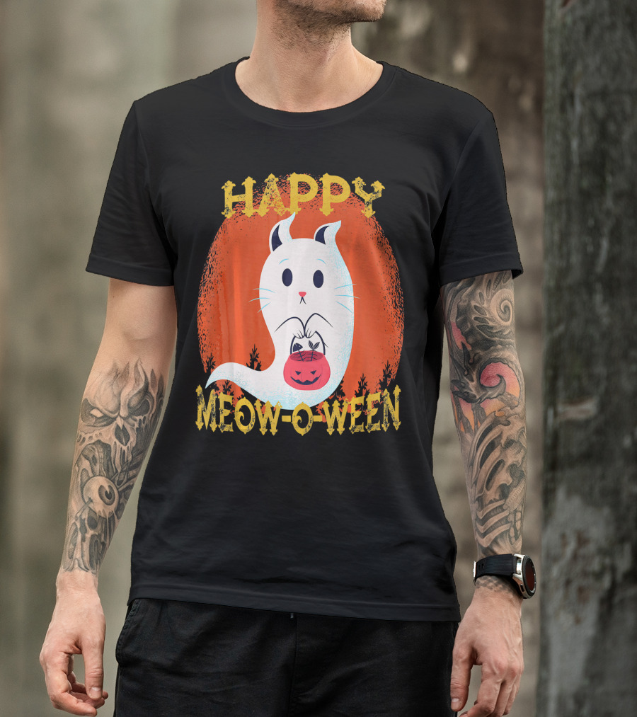 Happy Meow O Ween Cat Ghost With Pumpkin Bag T-Shirt