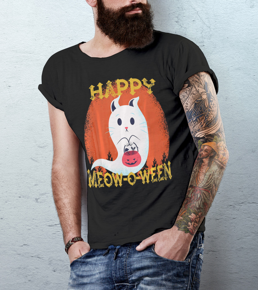 Happy Meow O Ween Cat Ghost With Pumpkin Bag T-Shirt
