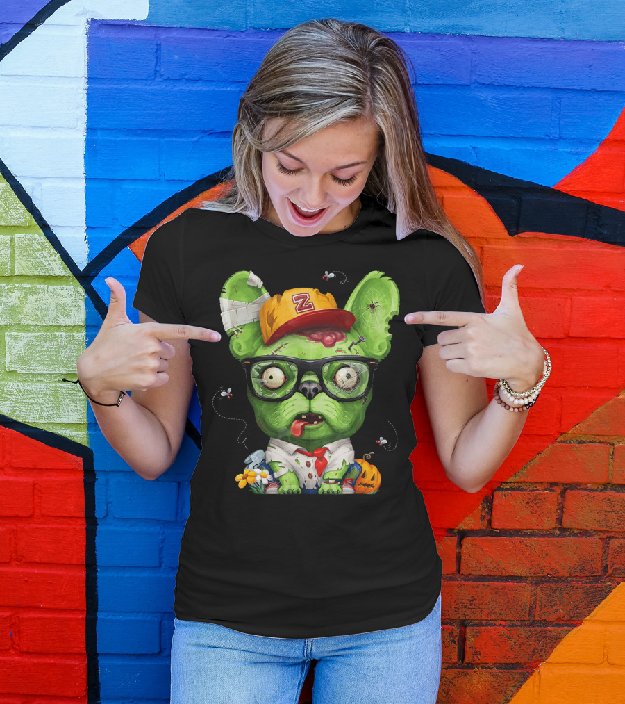 French Bulldog Wearing Zombie Glasses Halloween Hat T-Shirt