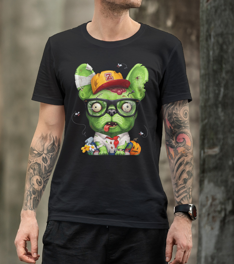 French Bulldog Wearing Zombie Glasses Halloween Hat T-Shirt