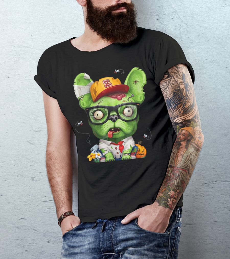 French Bulldog Wearing Zombie Glasses Halloween Hat T-Shirt