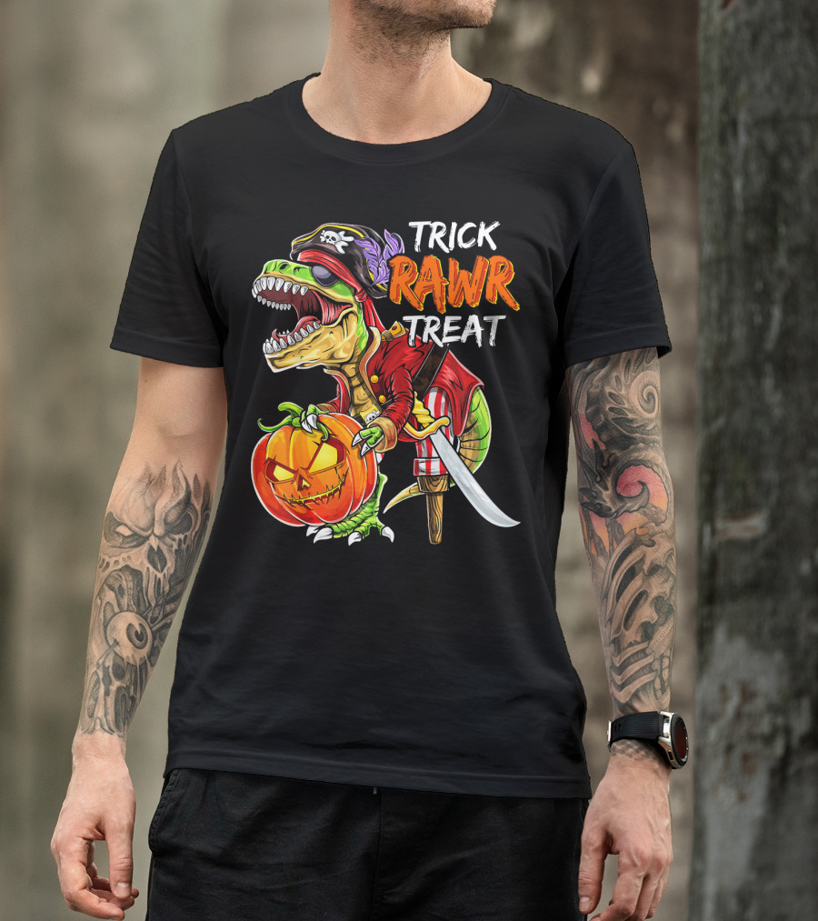 Trick Rawr Treat Pirate Dinosaur Halloween Pumpkin Jack T-Shirt