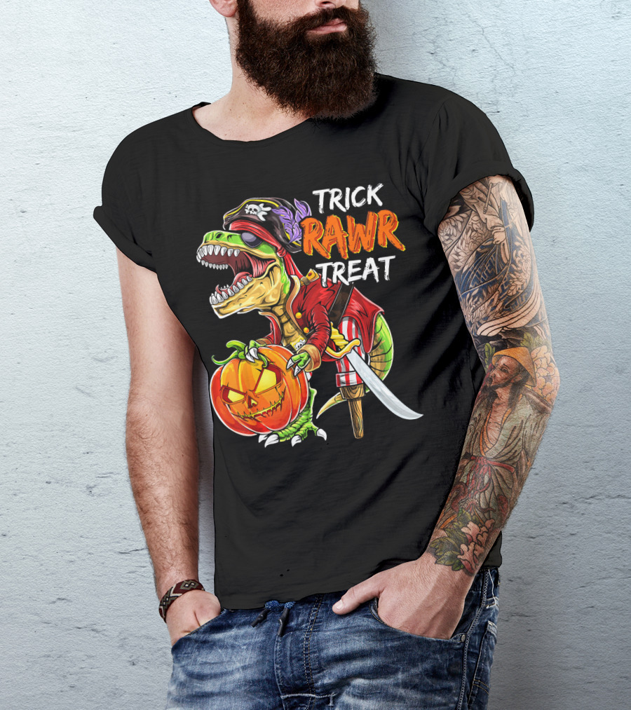 Trick Rawr Treat Pirate Dinosaur Halloween Pumpkin Jack T-Shirt