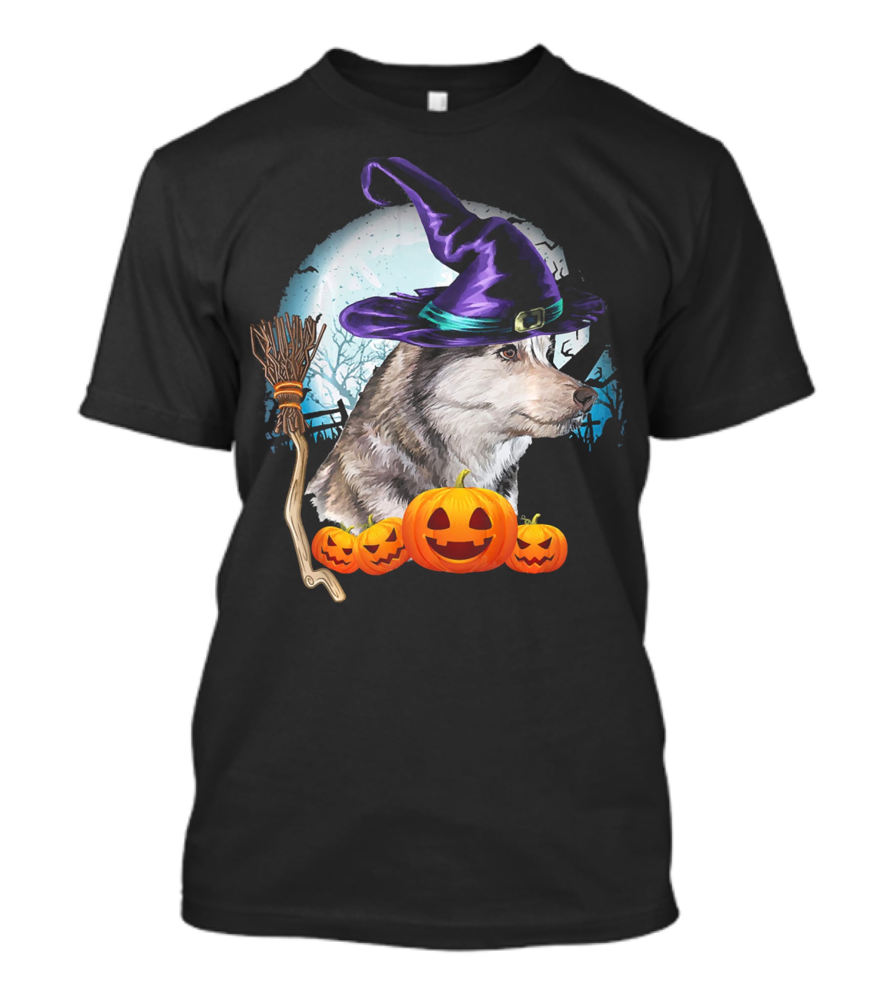 Husky In Witch Hat With Pumpkins And Broom Halloween Scene T-Shirt
