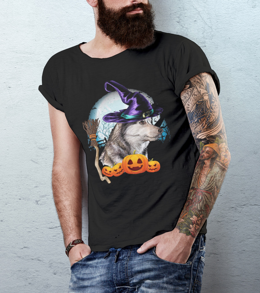 Husky In Witch Hat With Pumpkins And Broom Halloween Scene T-Shirt
