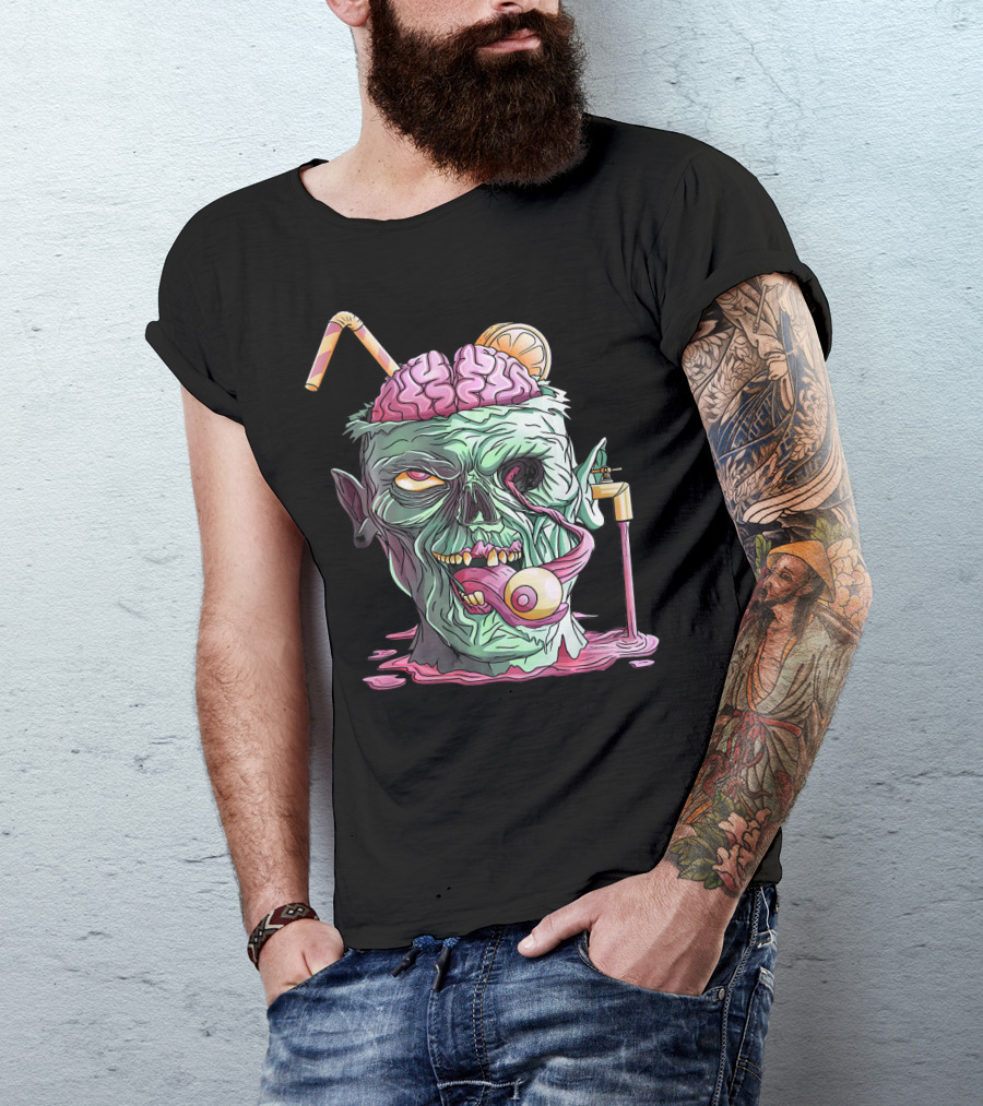 Zombie Face Brain Halloween Zombies Straw Brain Drink Eyeball Tongue T-Shirt