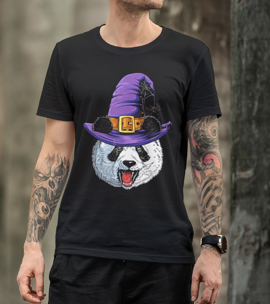 Panda Wearing Witch Hat With Spider Halloween T-Shirt