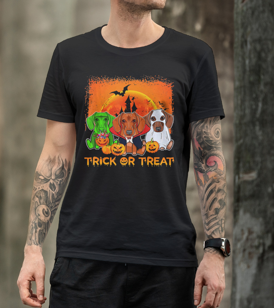 Halloween Dachshund Trio Trick Or Treat With Pumpkins And Moon Background T-Shirt