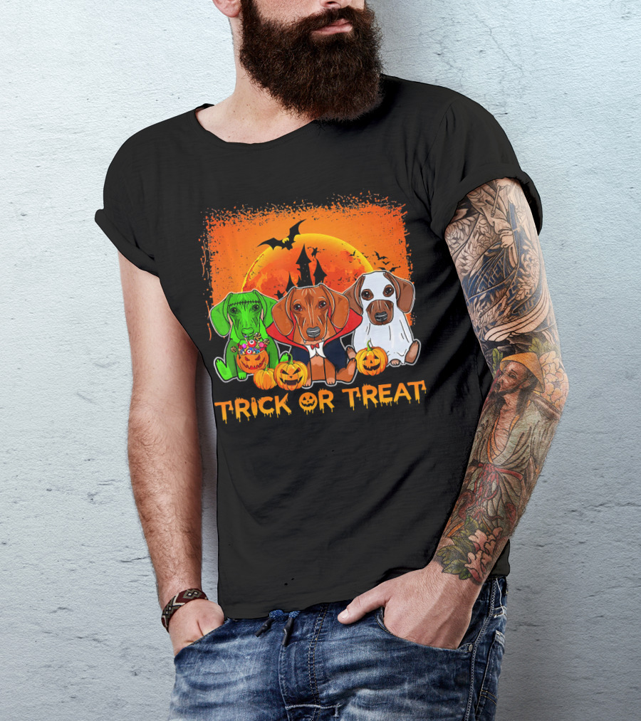 Halloween Dachshund Trio Trick Or Treat With Pumpkins And Moon Background T-Shirt