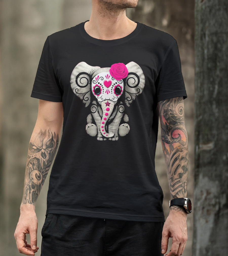 Dead Sugar Skull Elephant Pink Flower T-Shirt