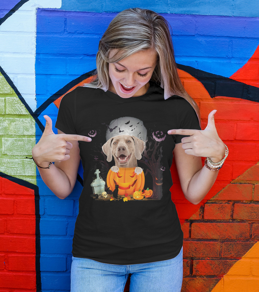 Weimaraner Dog In Halloween Pumpkin With Bats And Black Cat T-Shirt