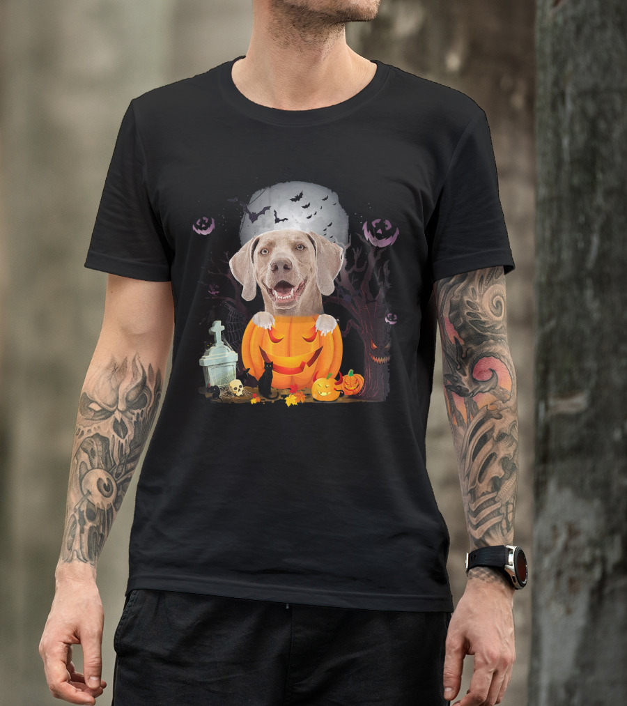 Weimaraner Dog In Halloween Pumpkin With Bats And Black Cat T-Shirt