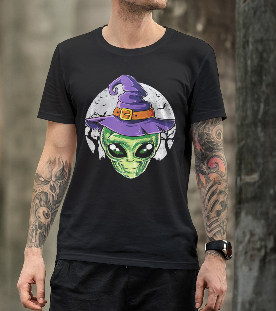 Alien Witch Hat With Moon And Bats T-Shirt