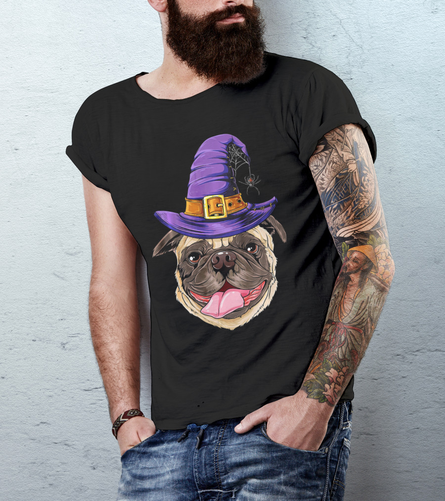 Pug With Witch Hat And Spider Halloween T-Shirt