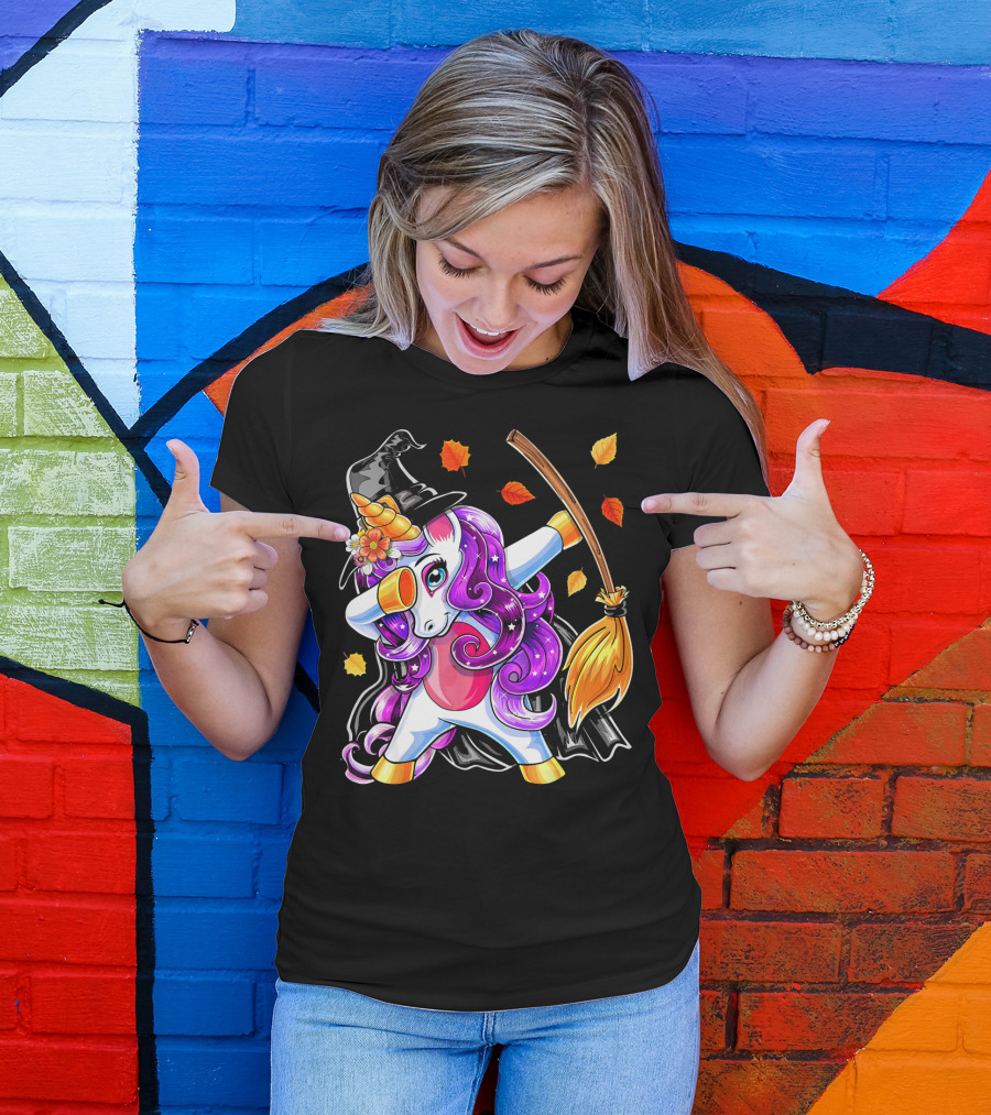 Dabbing Unicorn Halloween Witch With Magical Broom And Autumn Leaves T-Shirt
