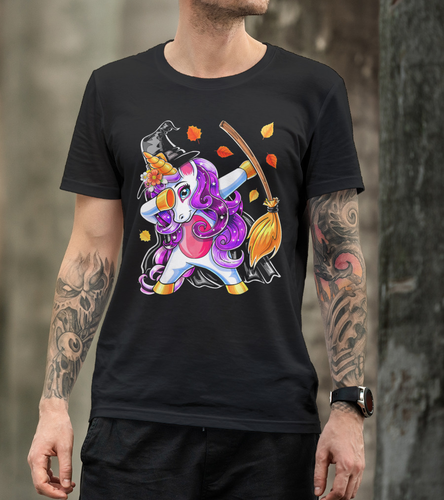 Dabbing Unicorn Halloween Witch With Magical Broom And Autumn Leaves T-Shirt