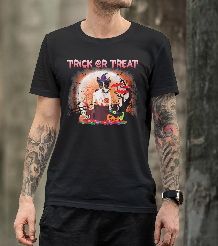 Trick Or Treat Rat Terrier Halloween With Witch Hat, Bats, And Pumpkins T-Shirt