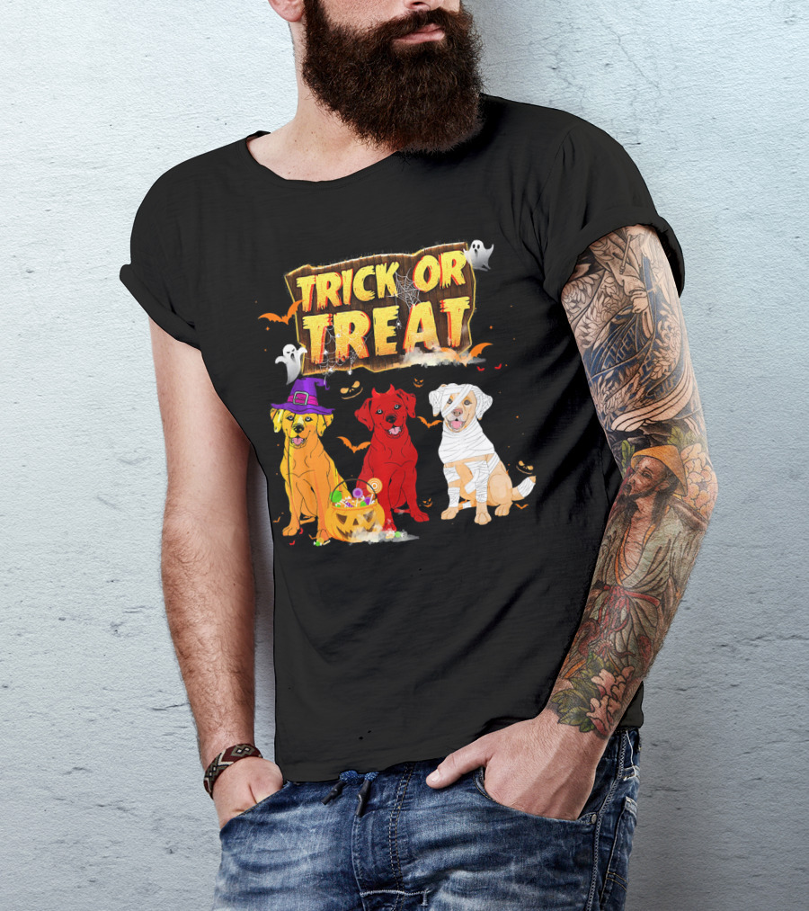 Trick Or Treat Three Labrador Retrievers Halloween Pumpkin Candy Ghosts T-Shirt