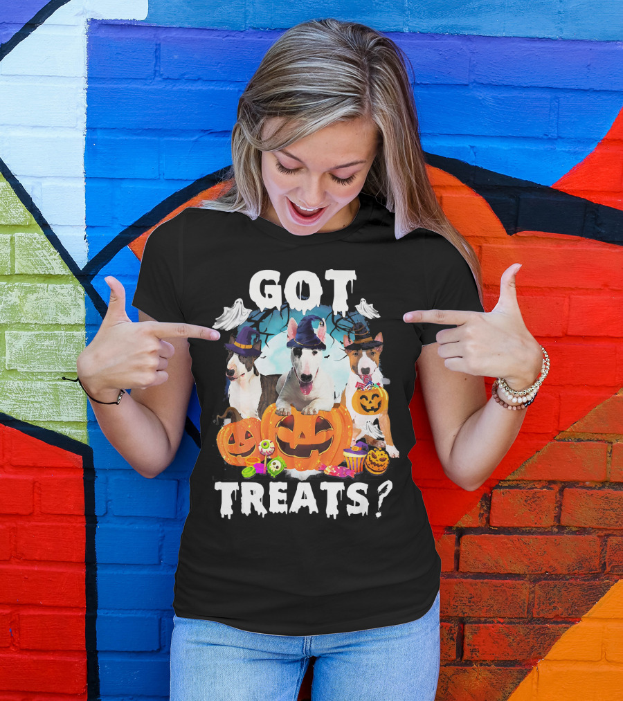 Got Treats Bull Terrier Halloween Ghosts Pumpkins T-Shirt