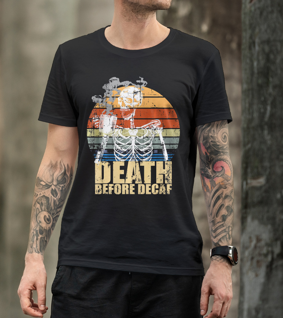 Vintage Death Before Decaf Coffee Skeleton Retro Sunset T-Shirt