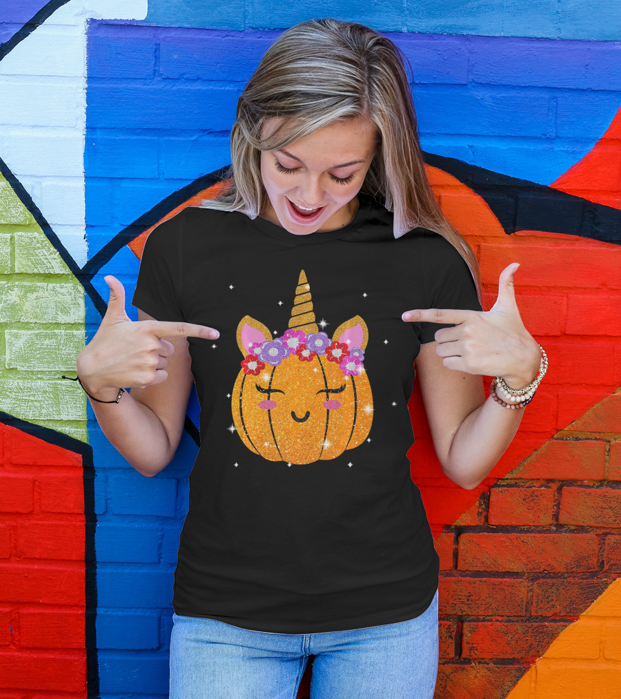 Cute Unicorn Pumpkin Glitter Funny Halloween Sparkles T-Shirt