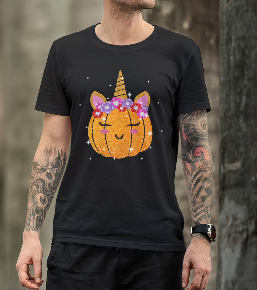 Cute Unicorn Pumpkin Glitter Funny Halloween Sparkles T-Shirt