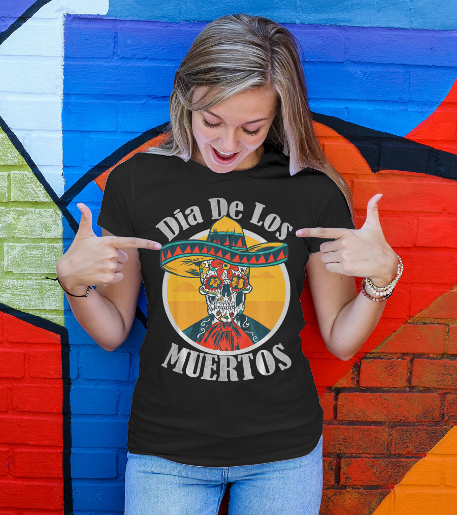 Dia De Los Muertos Skull With Sombrero And Floral Decoration T-Shirt