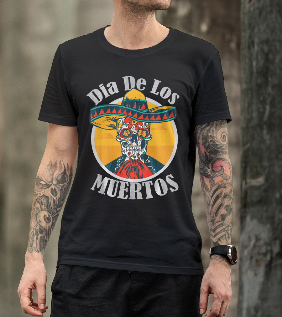 Dia De Los Muertos Skull With Sombrero And Floral Decoration T-Shirt