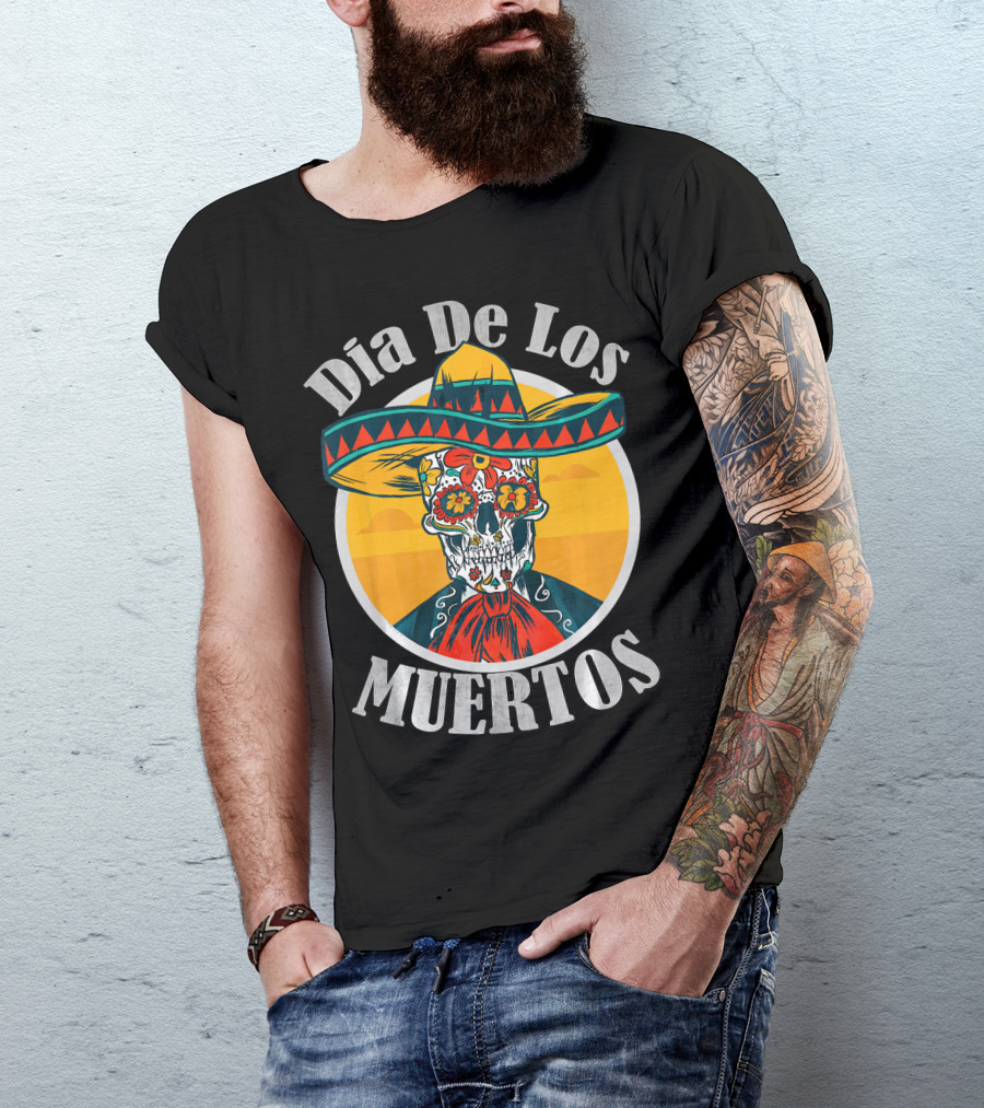 Dia De Los Muertos Skull With Sombrero And Floral Decoration T-Shirt