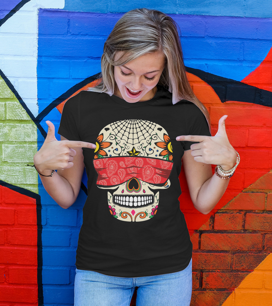 See No Evil Sugar Skull With Red Bandana And Floral Motifs T-Shirt