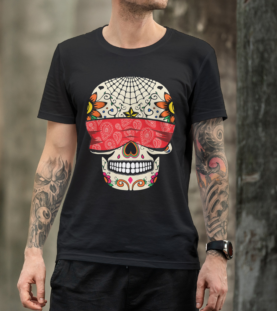 See No Evil Sugar Skull With Red Bandana And Floral Motifs T-Shirt