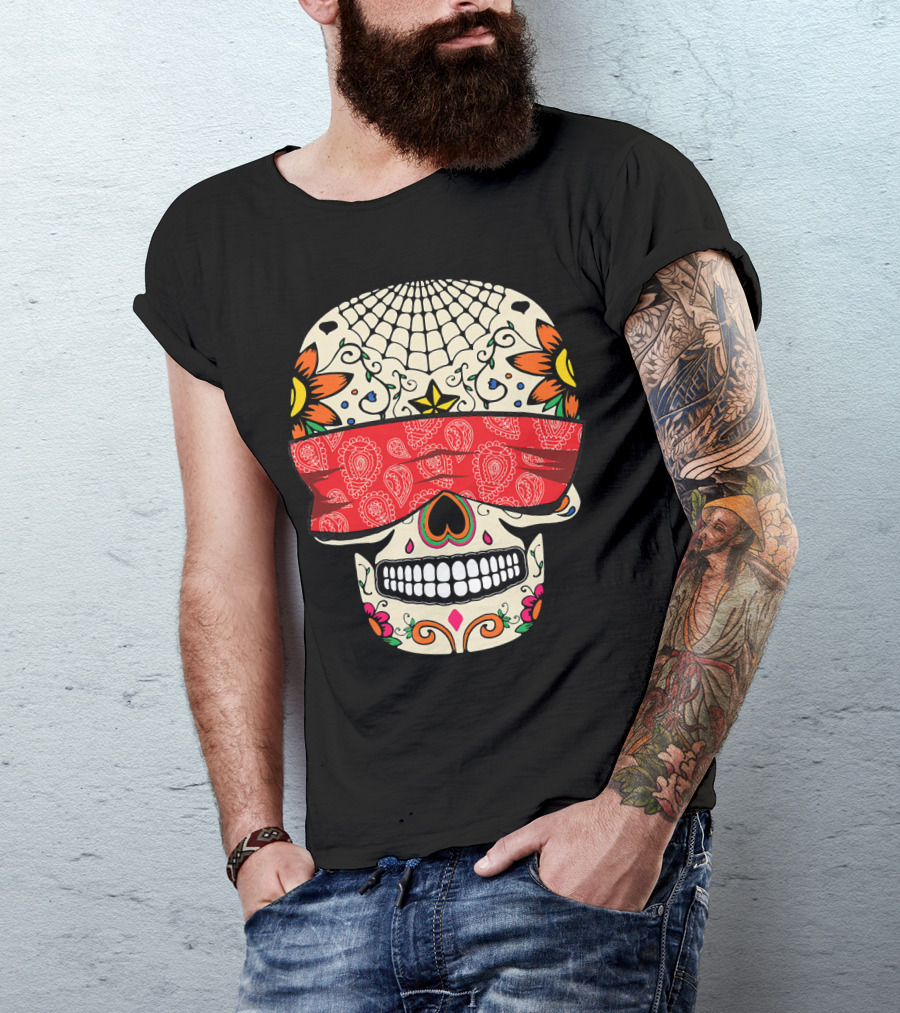 See No Evil Sugar Skull With Red Bandana And Floral Motifs T-Shirt