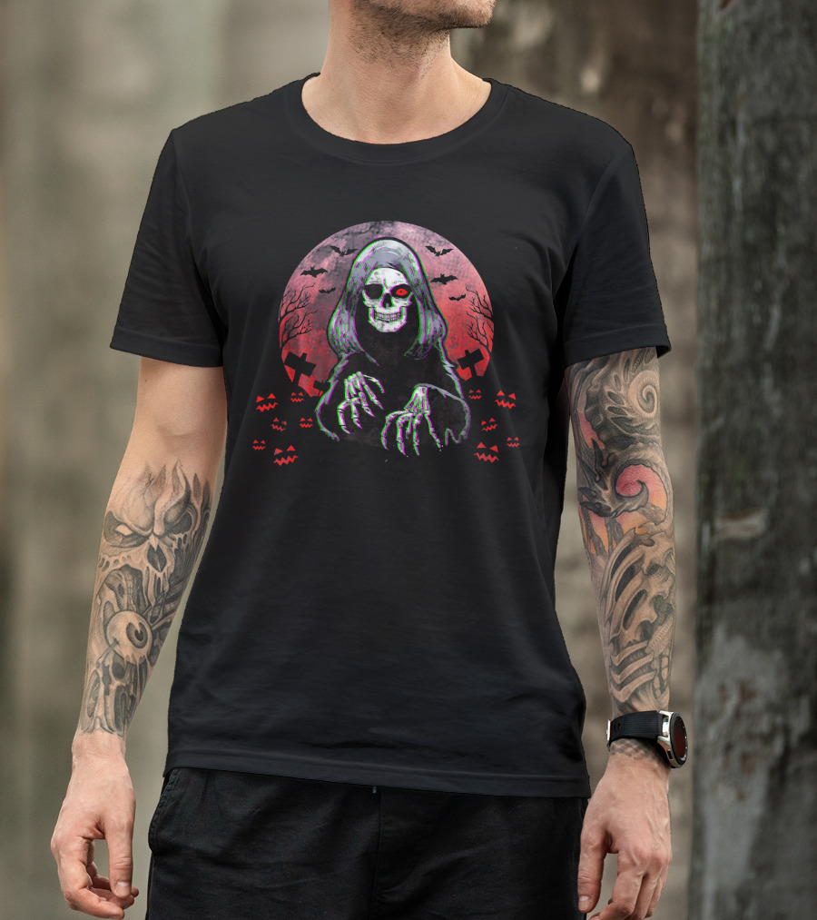Grim Reaper Angel Of Death Halloween Horror Spooky Night Bats Pumpkins Crosses Skull T-Shirt