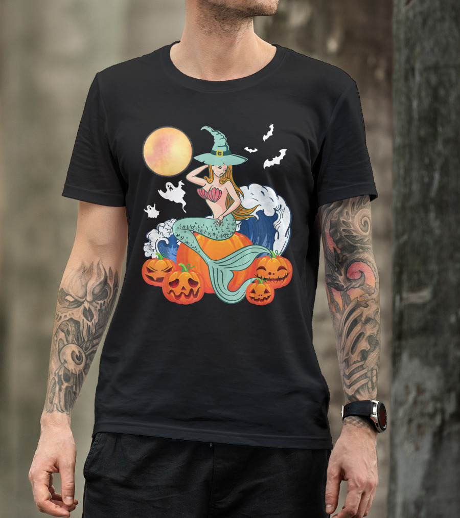 Scary Moon Pumpkin Ghosts Mermaid Witch With Jack-O'-Lanterns And Bats T-Shirt