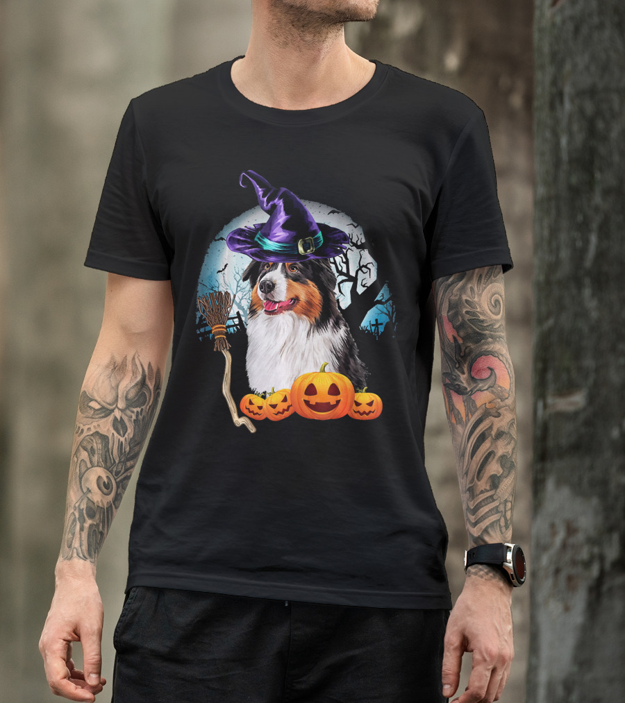 Australian Shepherd Halloween Witch Hat Dog With Pumpkins And Broomstick T-Shirt