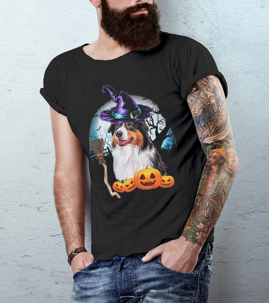 Australian Shepherd Halloween Witch Hat Dog With Pumpkins And Broomstick T-Shirt