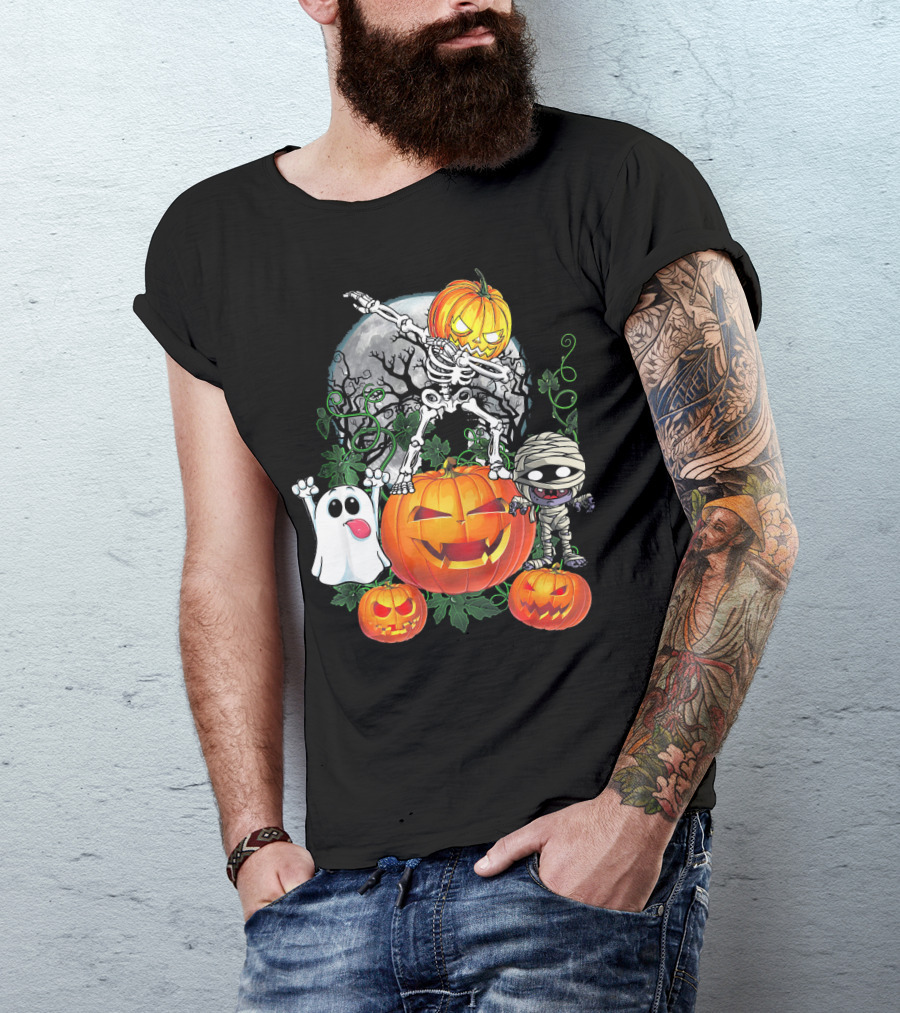 Dabbing Skeleton Pumpkin Ghost Mummy Halloween Moon Scene T-Shirt