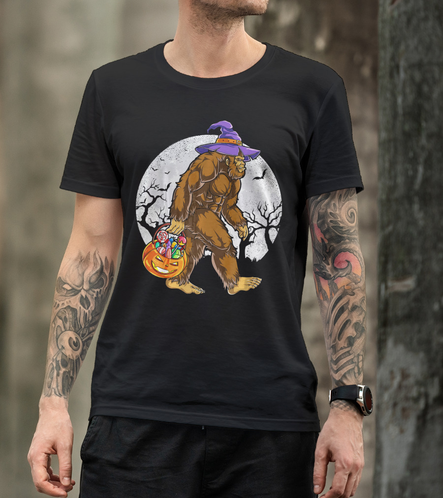 Bigfoot Witch Carrying Pumpkin Candy Basket In Spooky Moonlit Forest T-Shirt