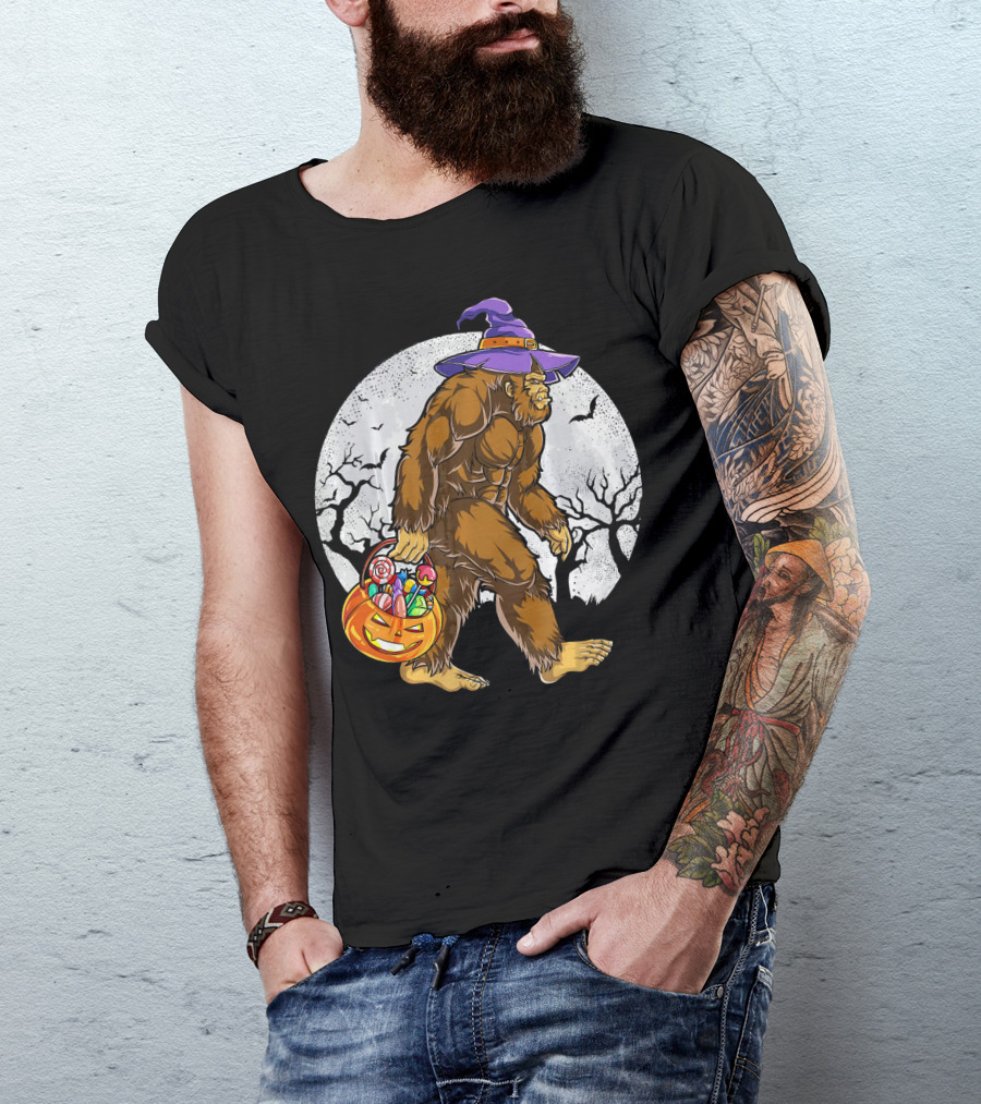 Bigfoot Witch Carrying Pumpkin Candy Basket In Spooky Moonlit Forest T-Shirt