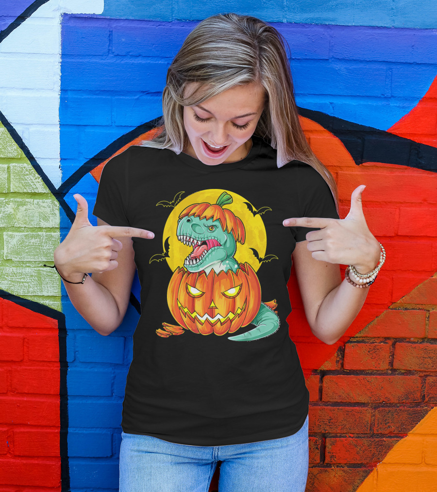 Dinosaur Pumpkin Halloween Moon Bats T-Shirt