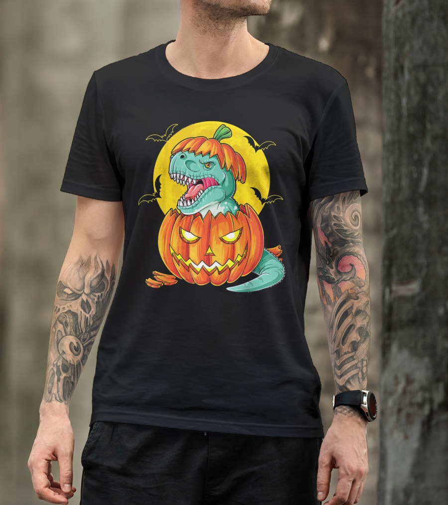 Dinosaur Pumpkin Halloween Moon Bats T-Shirt